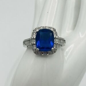 Blue Crystal Halo Silver Plated Statement Cocktail Ring Sz 10.75 Faux Sapphire